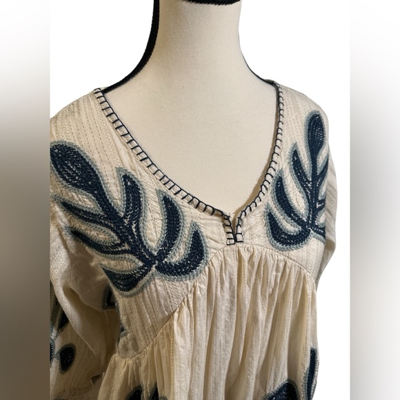 Boho Cream and Blue Embroidered Mini Dress - Picture 3 of 5